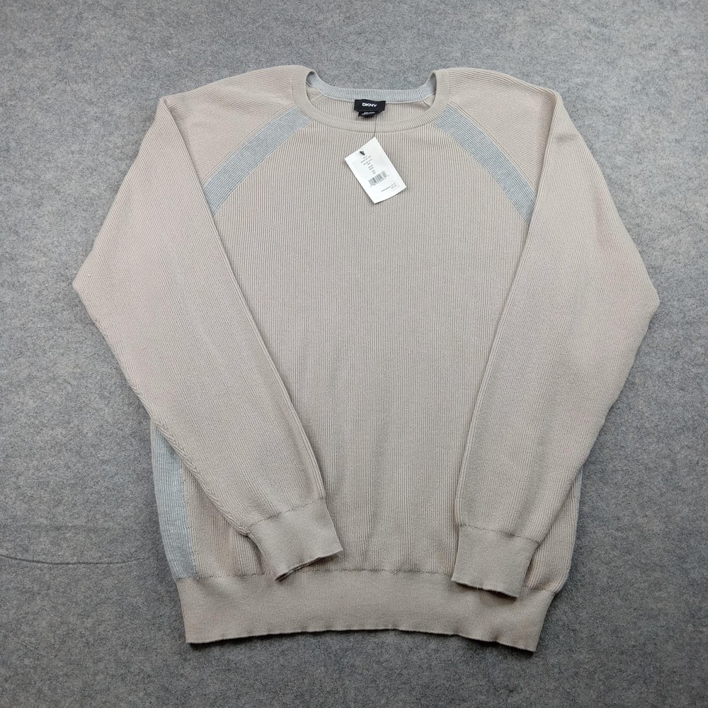 DKNY Sweater Mens 2XL Beige Gray Knit Crewneck Raglan Cotton Blend Pullover